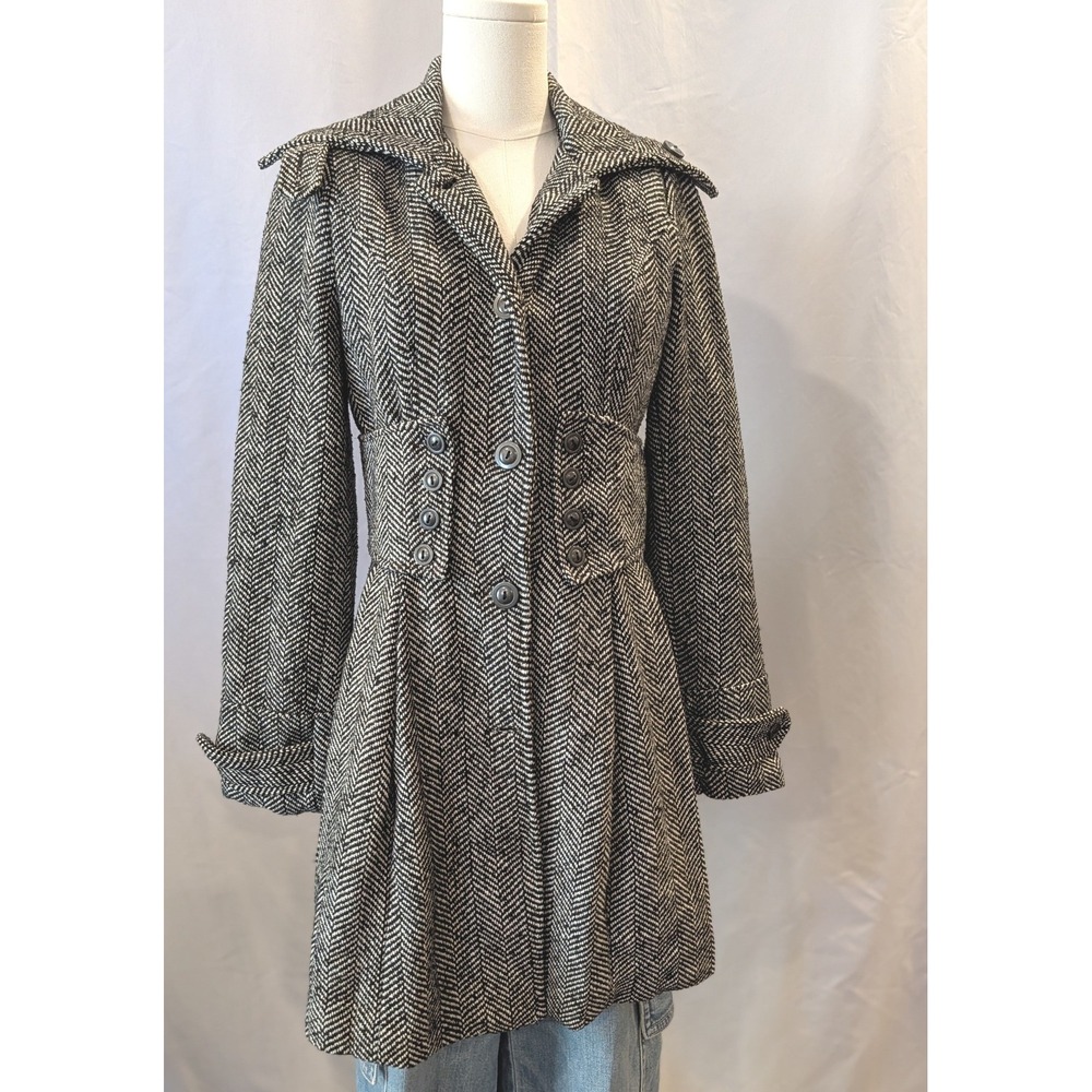 Y2k Black White Herringbone Pea Coat Cinched Waist Wide Collar Mid Length Jacket